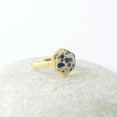 Dalmatian Jasper Ring - 10mm Hexagon Ring - Gold Plated Ring - Gemstone Jewelry - 925 Silver - Jewelry for Friend - Gift for New Beginning